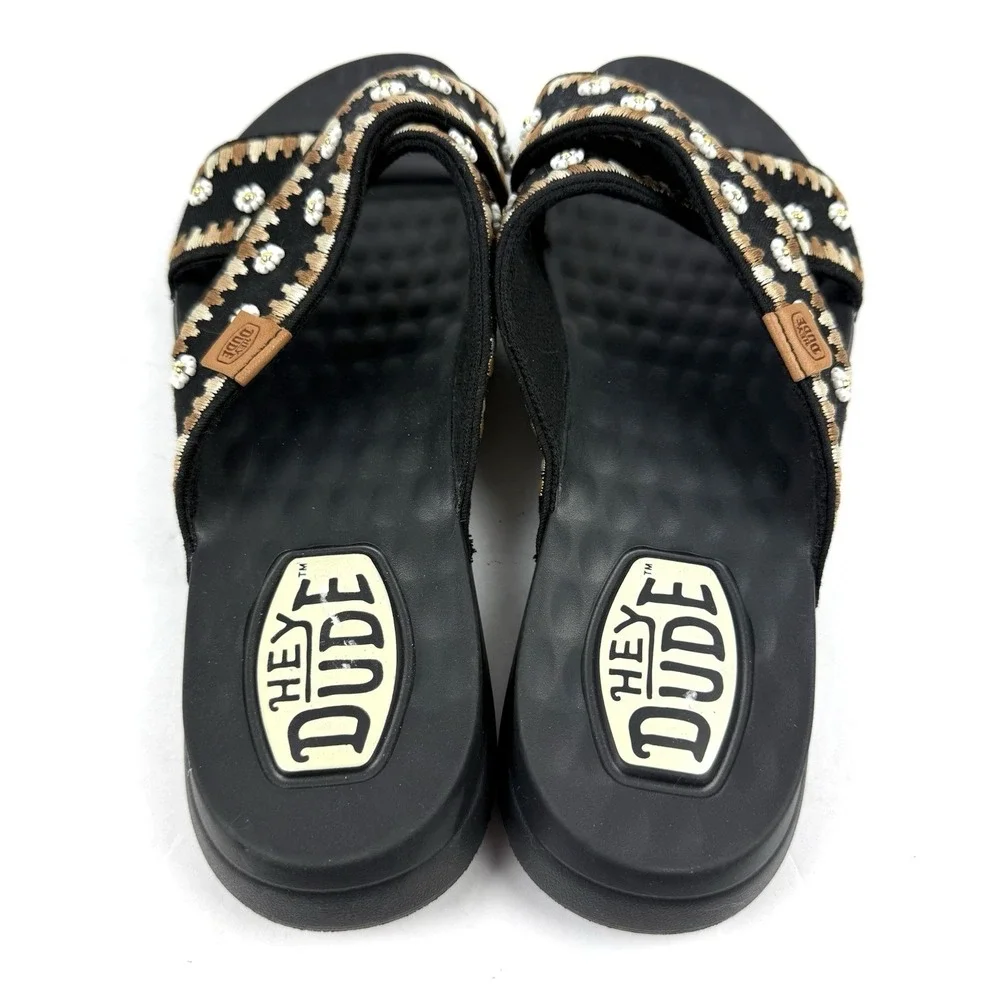Hey Dude Christi Slides 10 Black‎ Embroidered Womens Slip On Shoes